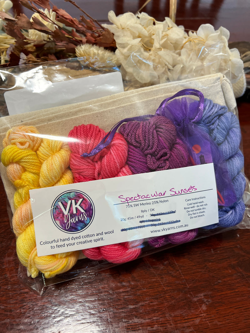 Spectacular Sunsets 4 x 20g mini 4 ply Skeins + bonus tote bag -